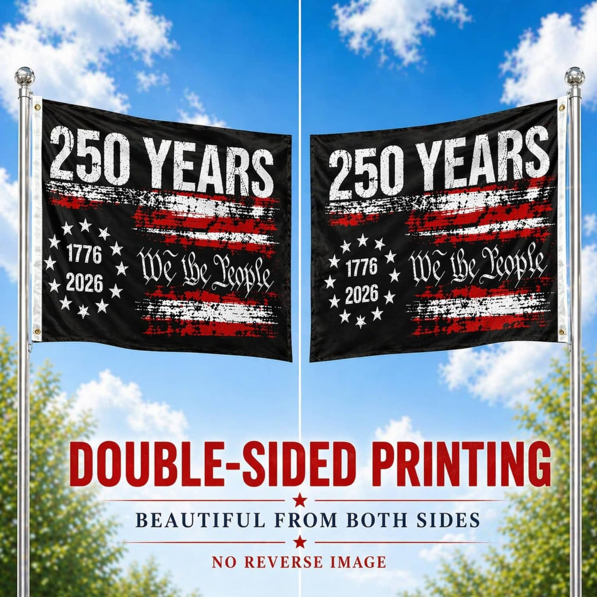 Black 250 years USA flag with matching double-sided prints, stars, and red distressed stripes
