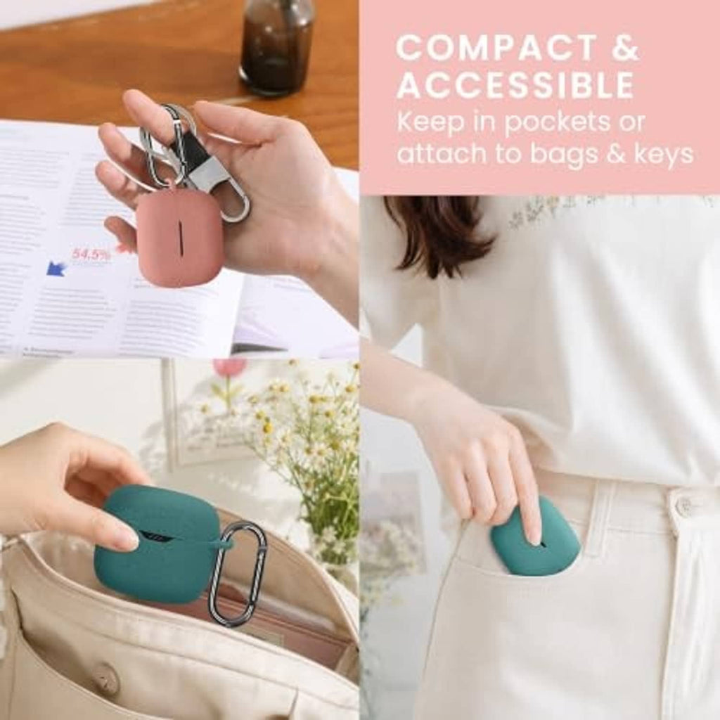Teal silicone earbud case cover with metal carabiner clip for carrying