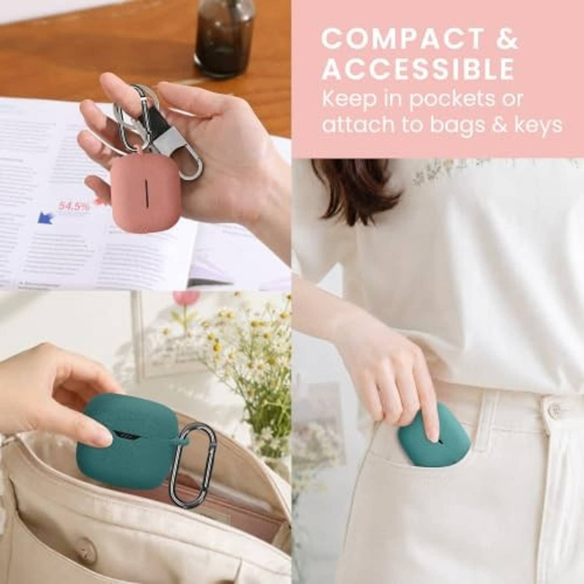 Teal silicone earbud case cover with metal carabiner clip for carrying