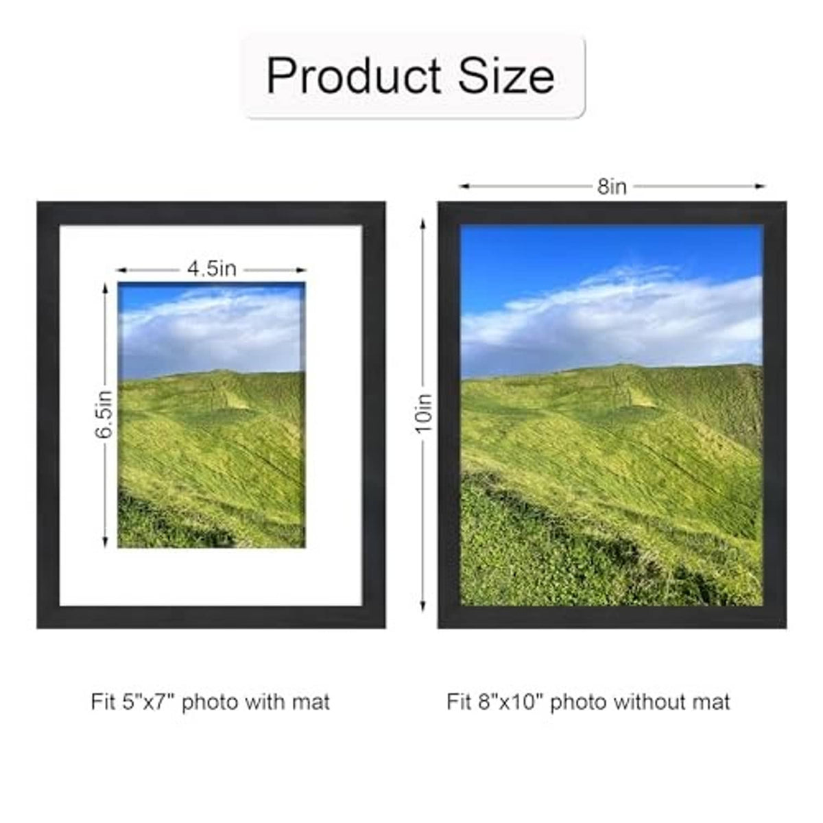 Black 8x10 frame size view for photo with optional mat insert