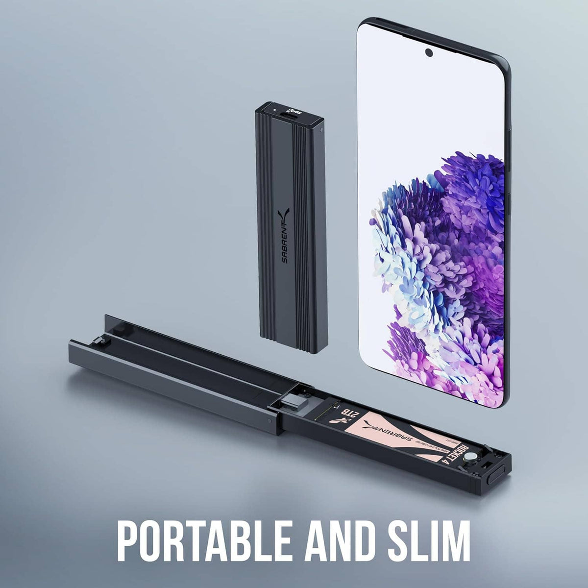 Portable slim USB Type-C M.2 SSD enclosure standing with connected cable, black