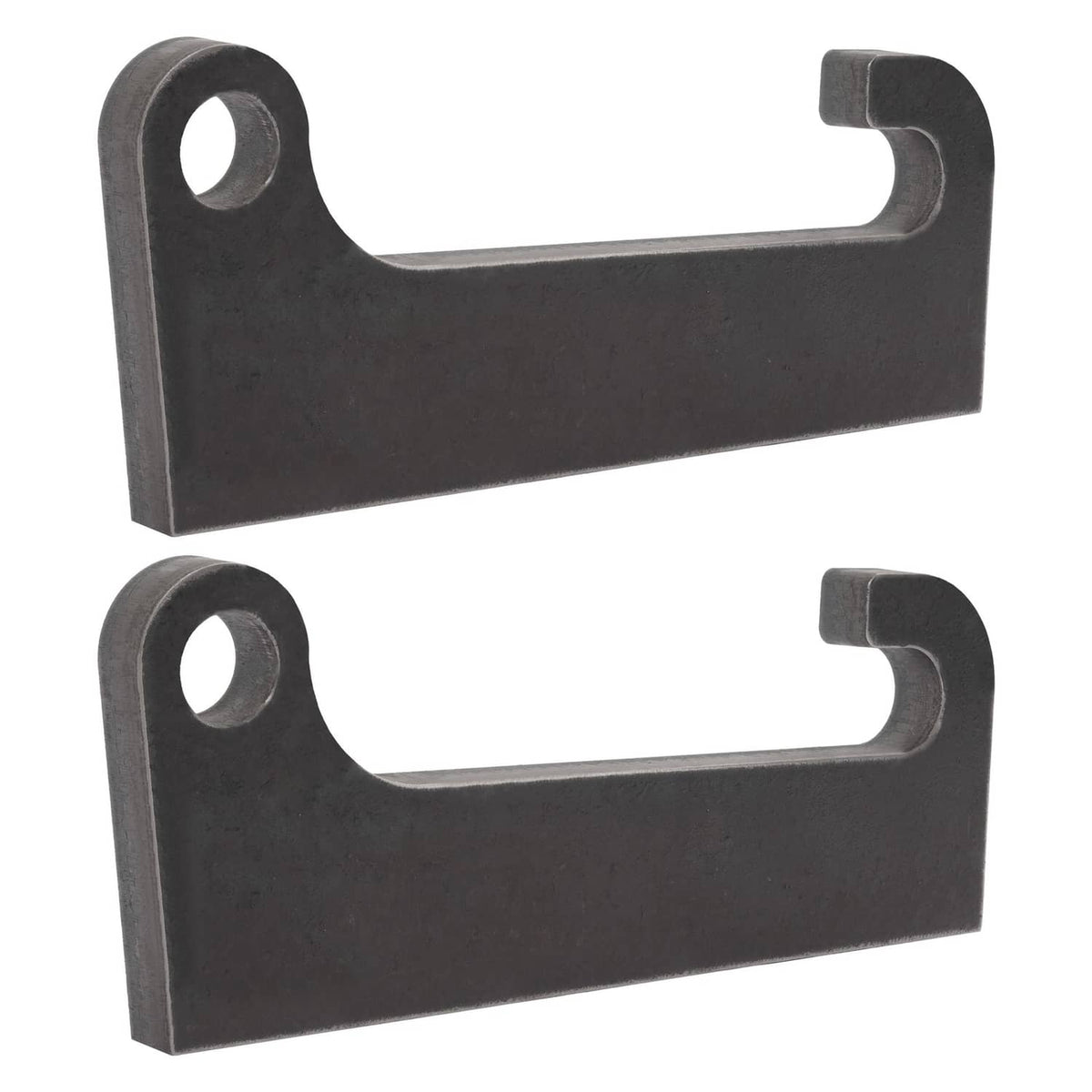 Steel loader quick-attach mount brackets, dark finish, U-shaped cutout and mounting holes