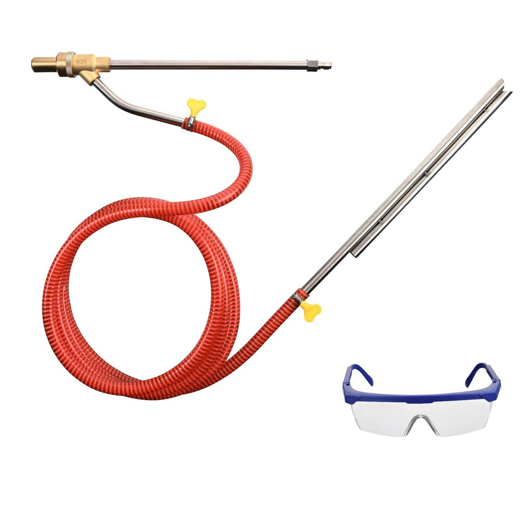 Pressure washer sandblasting kit with red hose, wand, brass fittings, and safety goggles