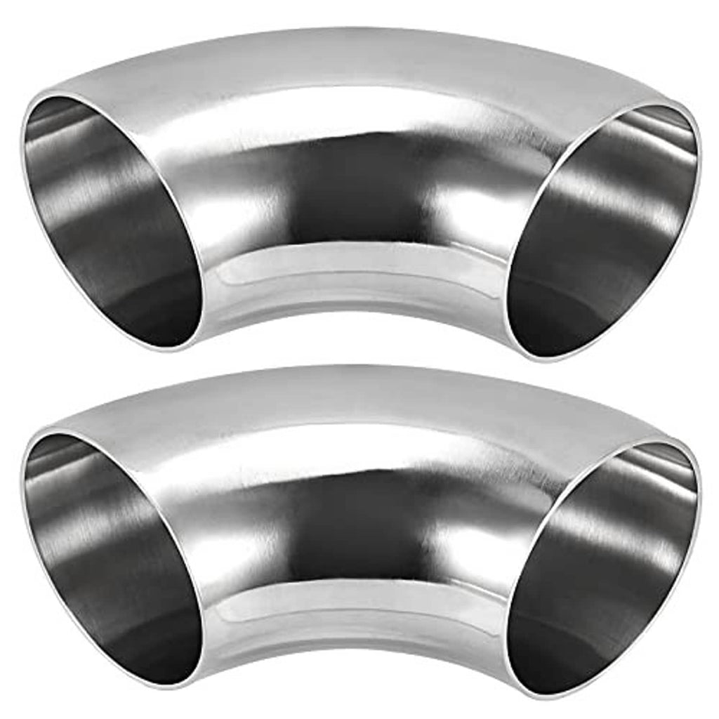 Two 3 in 90° stainless steel elbow fittings, smooth curved tubes with open ends
