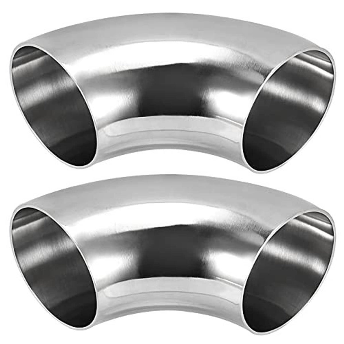 Two 3 in 90° stainless steel elbow fittings, smooth curved tubes with open ends