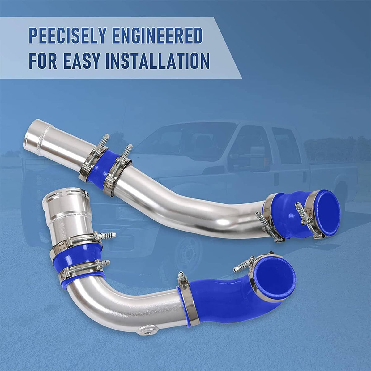 Intercooler pipe kit with long curved polished pipes and blue silicone end boots