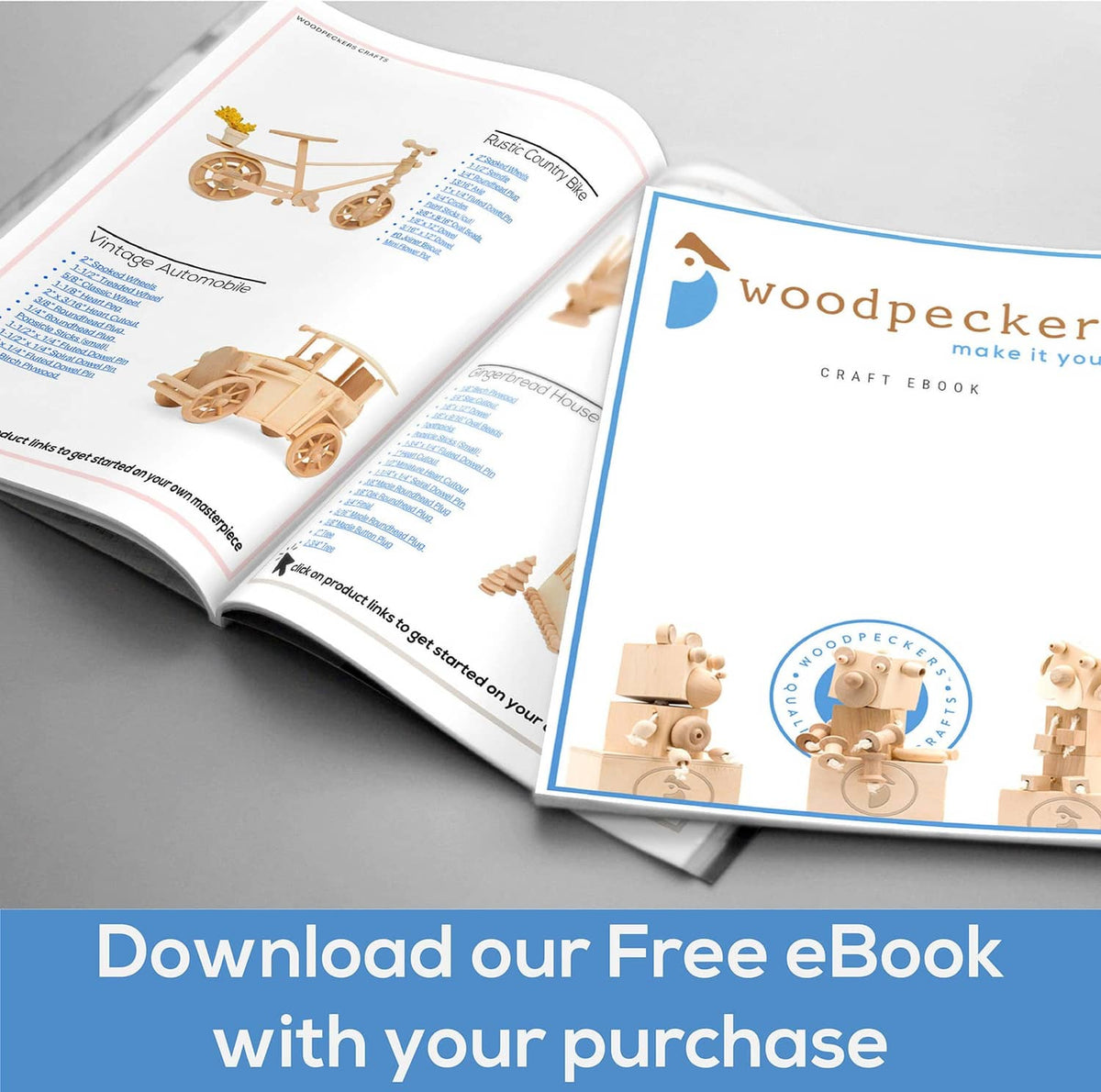 Woodpecker eBook promotional graphic with open book and cover