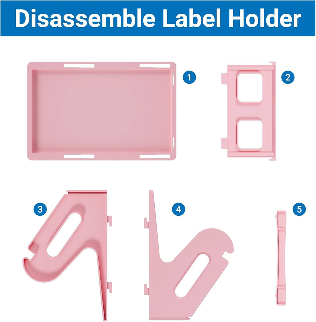Disassembled pink label holder parts shown for easy reassembly