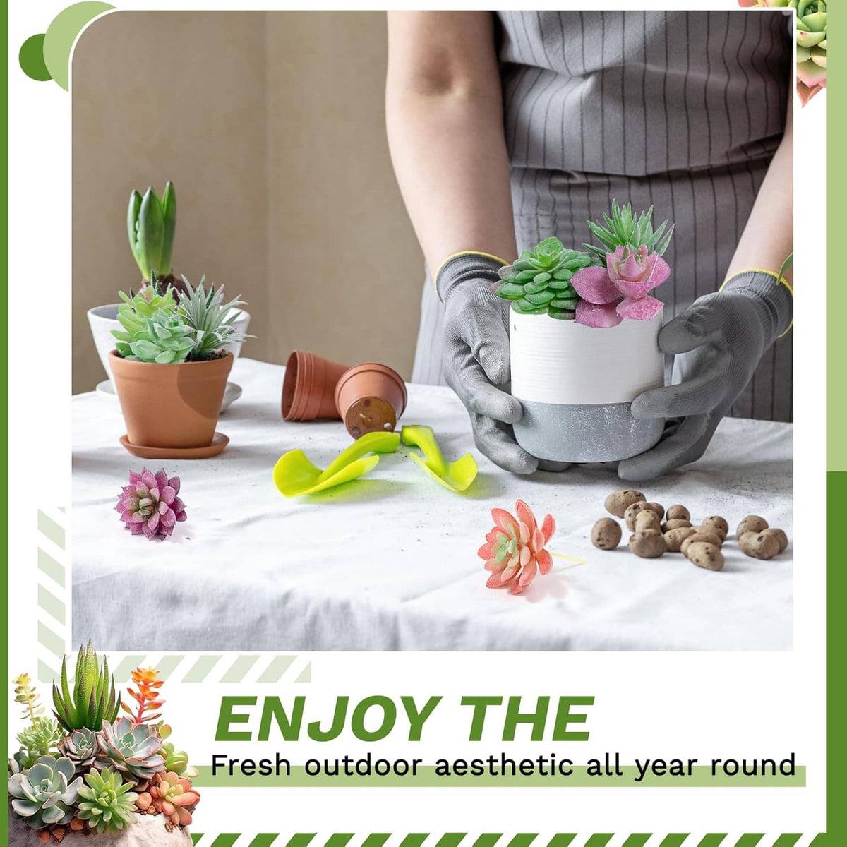 Hands in gloves holding a pot of mixed-color mini artificial succulents on sticks.
