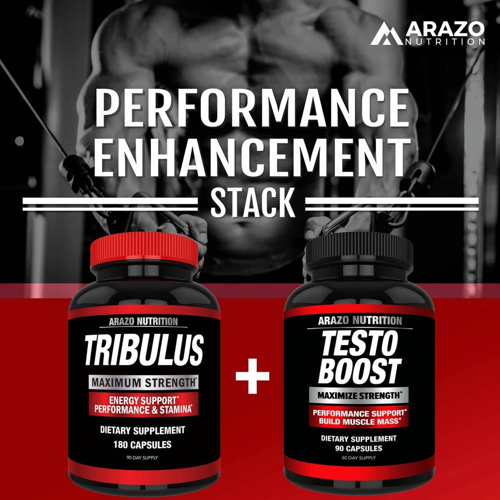 Two supplement bottles: Tribulus and Testo Boost, both black with red label accents