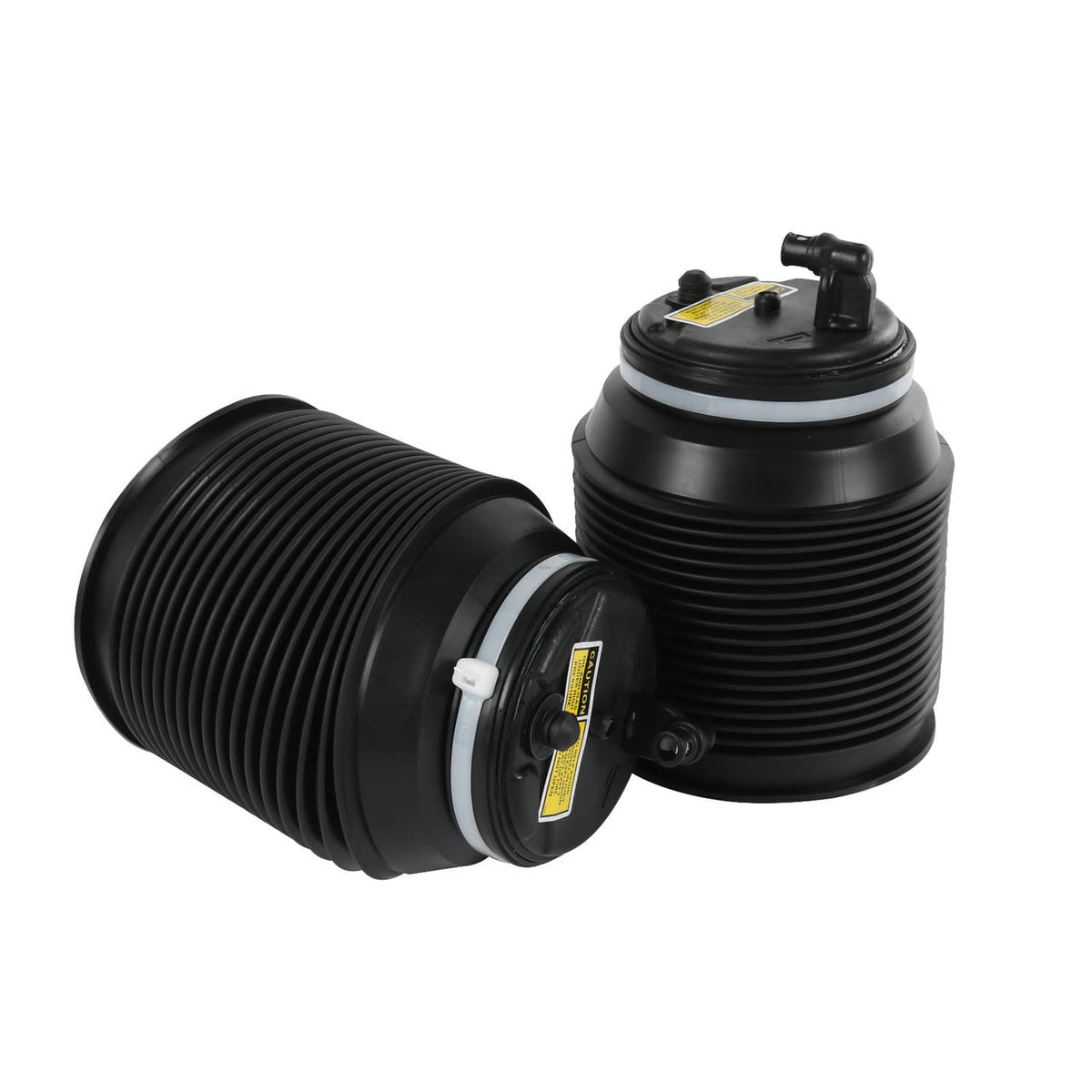 Two black air suspension spring bags, side view with white sealing band and valve tops.