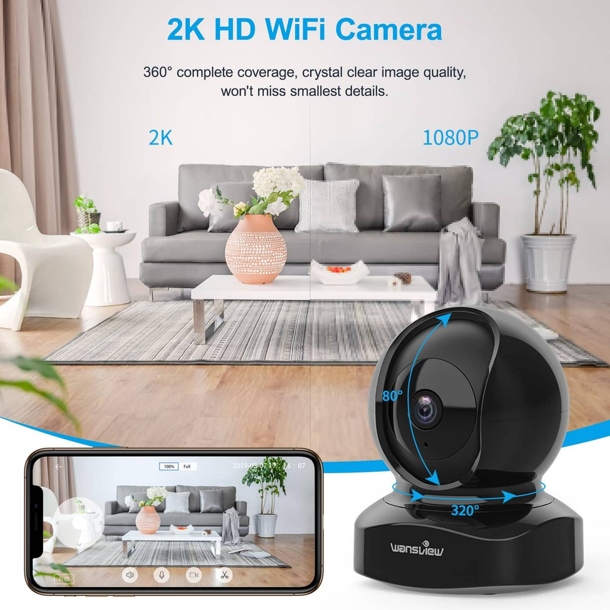 Black 360° Wi‑Fi security camera on base with wide coverage view indicators