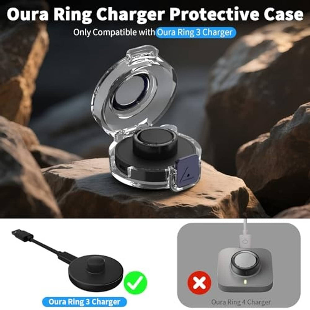 Clear protective case with black base and metal latch, shown with a carabiner handle