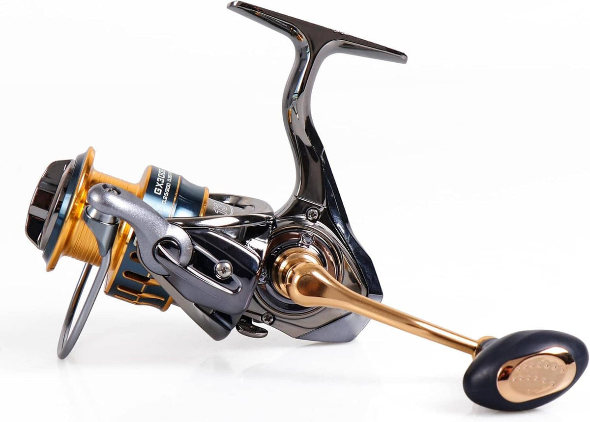 Spinning fishing reel side view with gold spool, chrome frame, and black handle grip