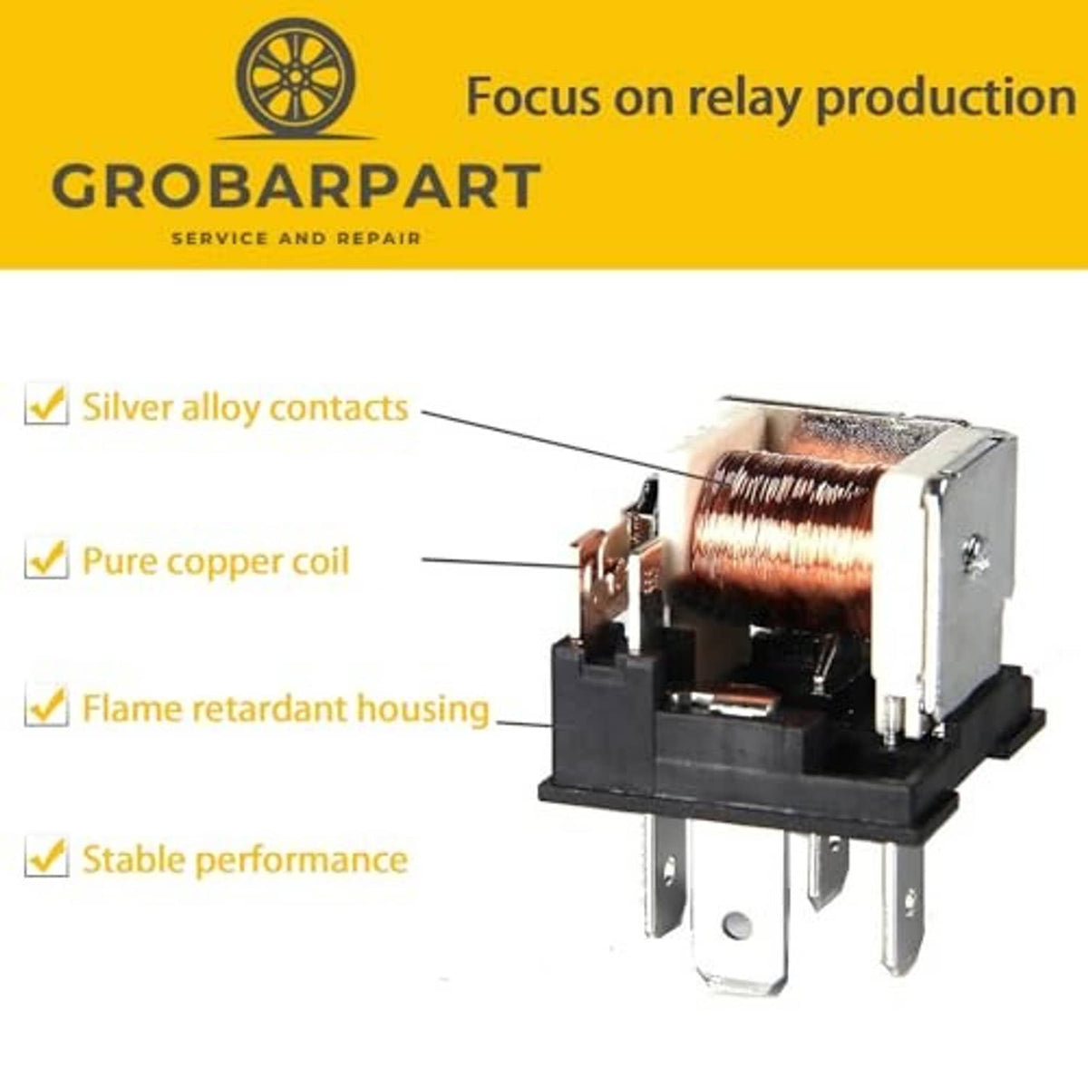 4-pin multi-purpose relay with exposed copper coil and metal mounting pins