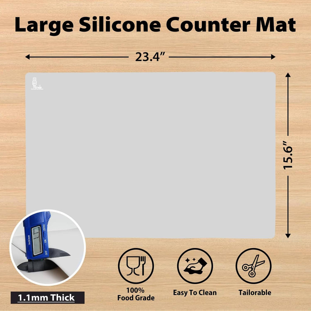 Large gray silicone counter mat, 23.4 x 15.6 in, 1.1 mm thick