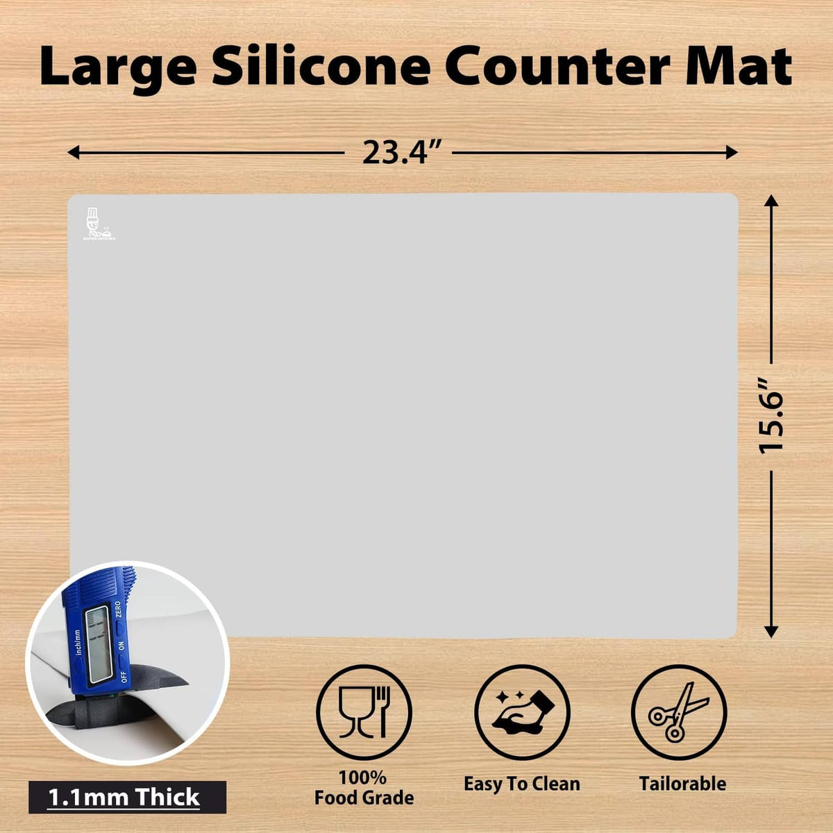 Large gray silicone counter mat, 23.4 x 15.6 in, 1.1 mm thick