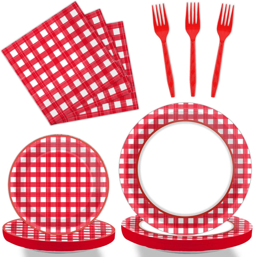 Red and white gingham paper plates, napkins, and matching plastic forks set