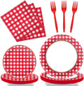 Red and white gingham paper plates, napkins, and matching plastic forks set