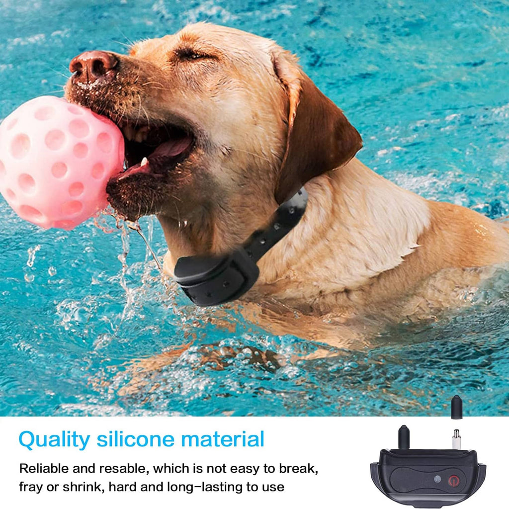 Dog wearing black training collar in pool water, with black receiver and tip shown
