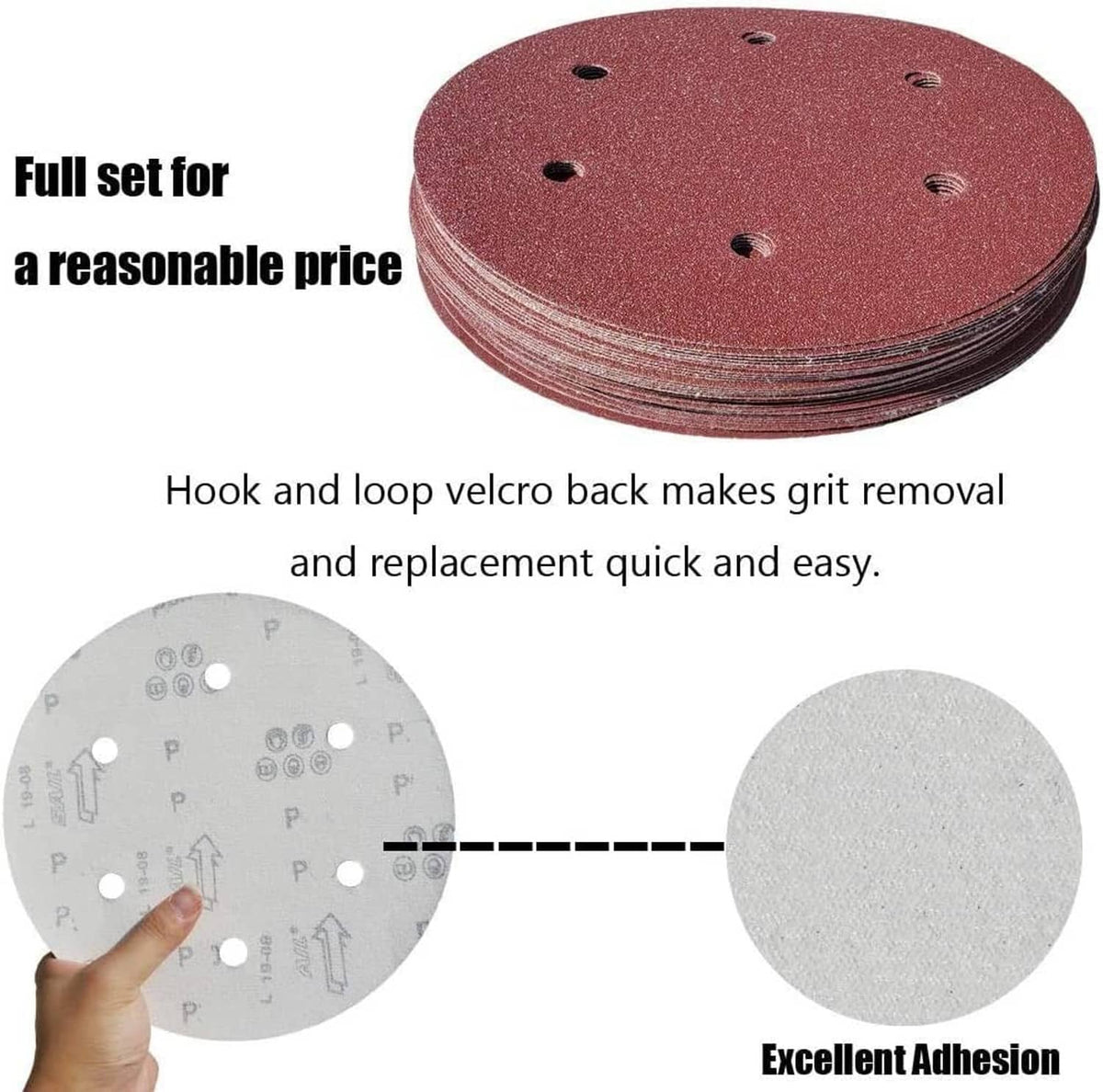 Stack of red 9-inch sanding discs with hook-and-loop backing, six holes