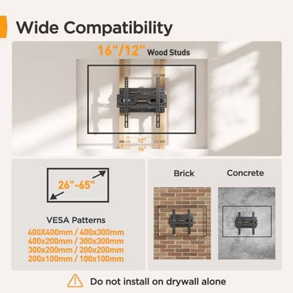 TV wall mount compatibility diagram for 26-65 inch TVs and VESA patterns