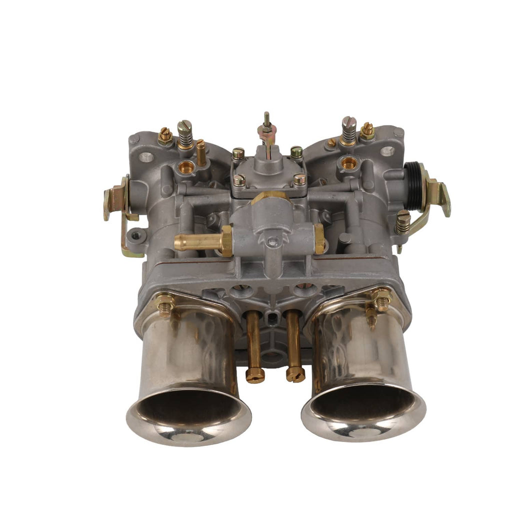 Dual-barrel carburetor with two horn-like inlets, top adjuster, and side linkages