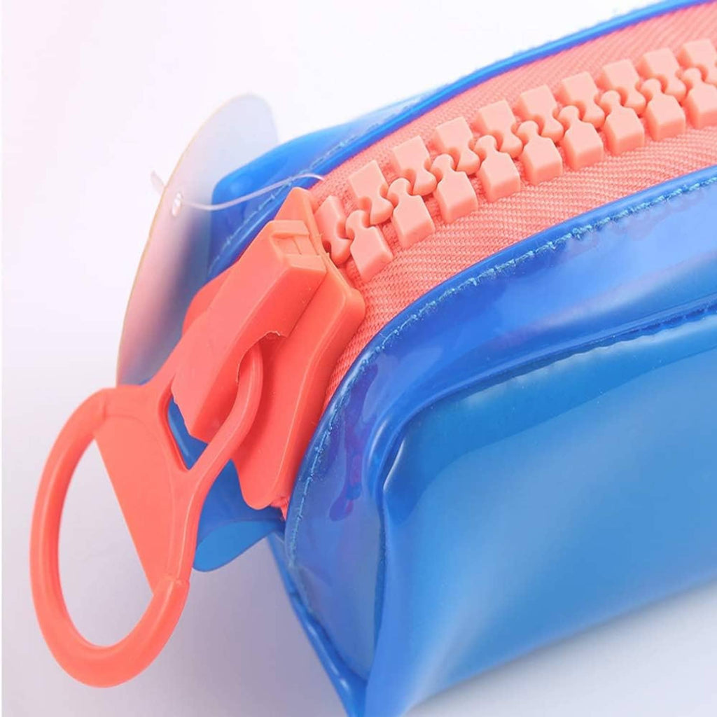 Blue plastic zipper with oversized teeth and a large ring pull tab.