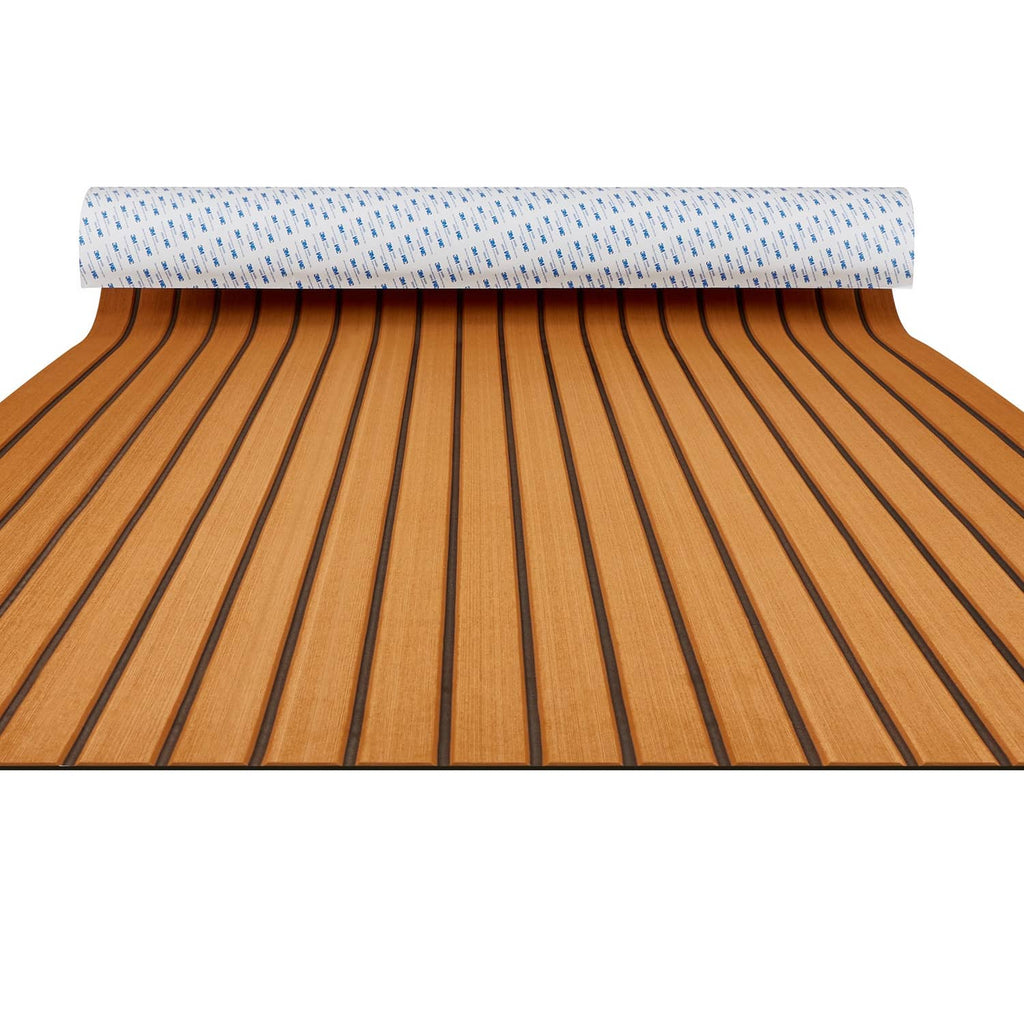 Faux teak EVA foam boat decking panel with brown plank pattern and textured edge strip