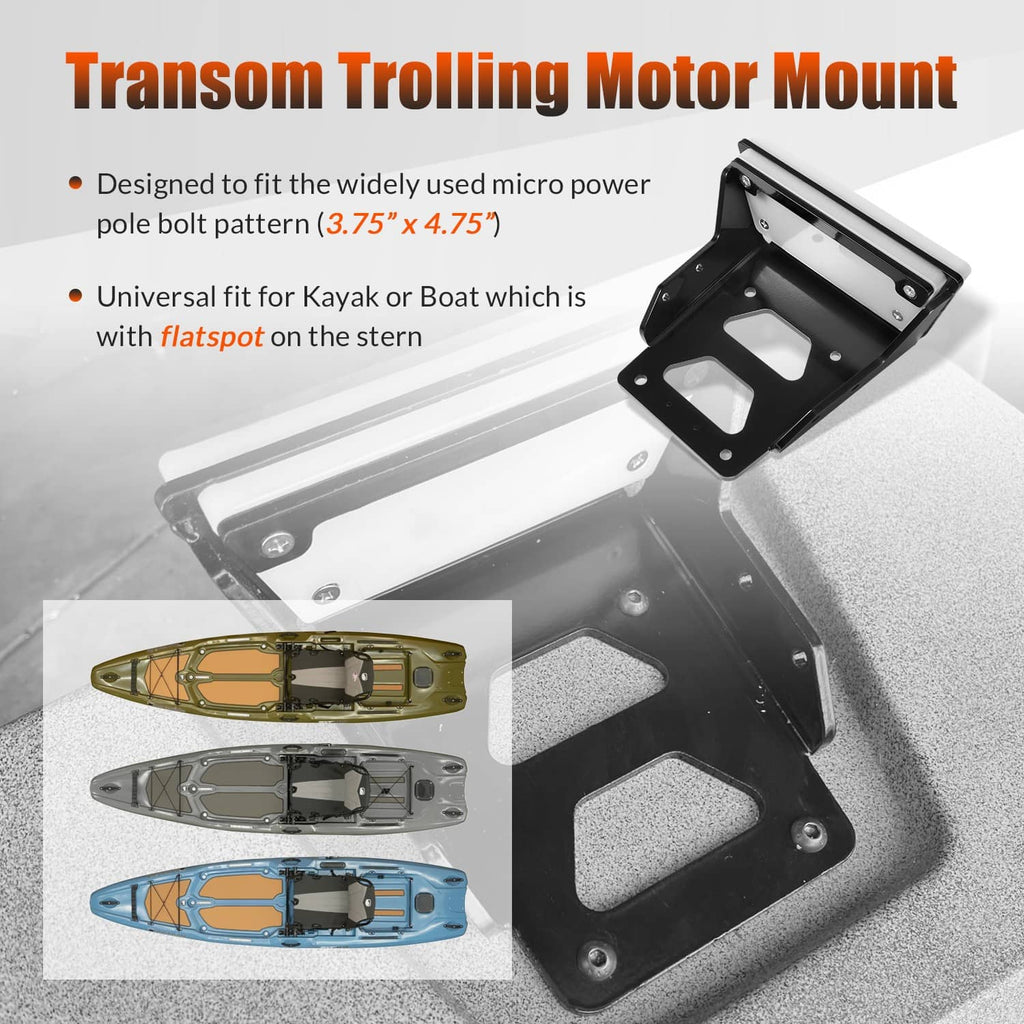Black trolling motor transom mount plate with two rectangular cutouts and bolt holes