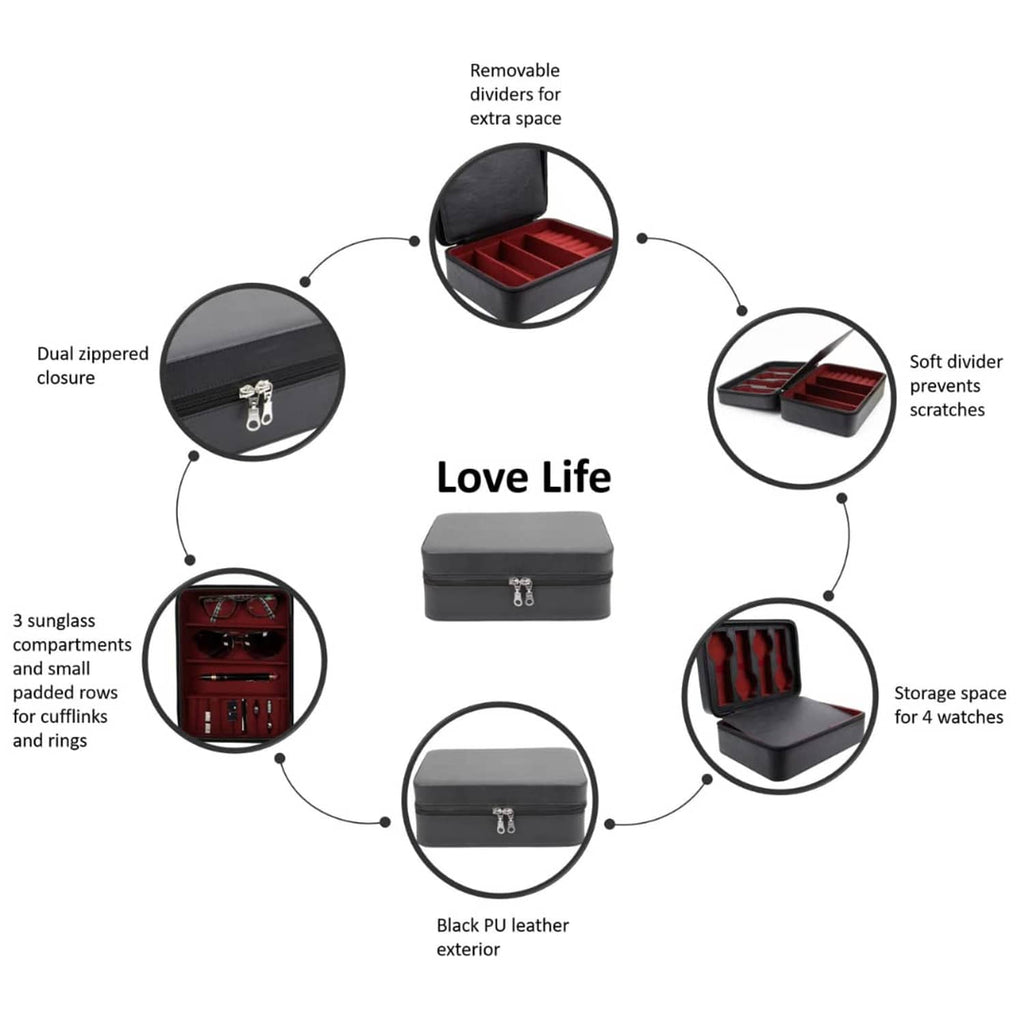 Black PU leather jewelry box with divided storage for sunglasses, watches, and rings
