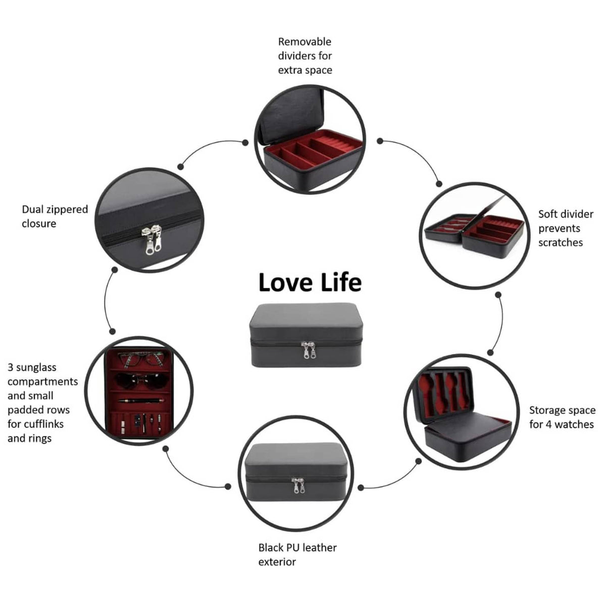 Black PU leather jewelry box with divided storage for sunglasses, watches, and rings