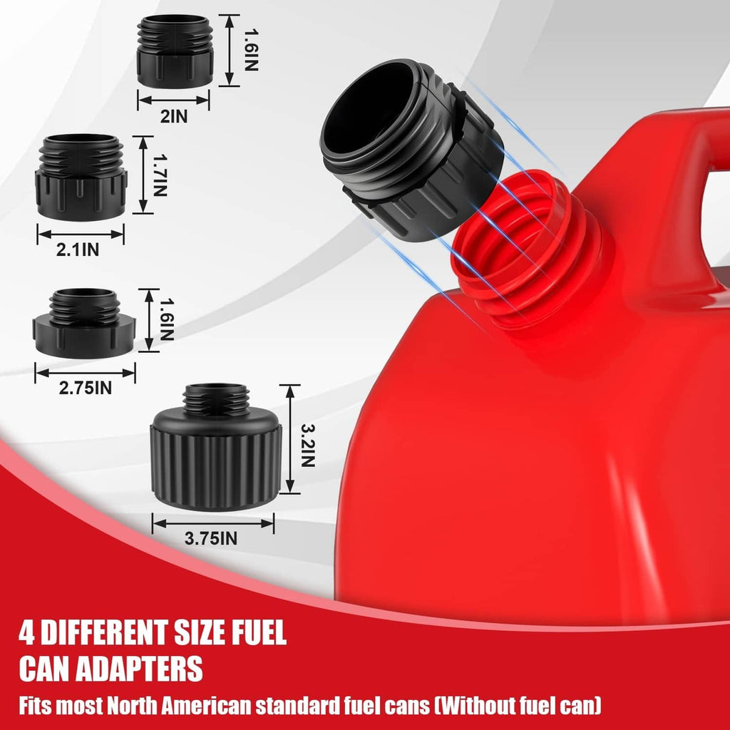 Red fuel transfer pump with multiple size adapter caps for standard fuel cans