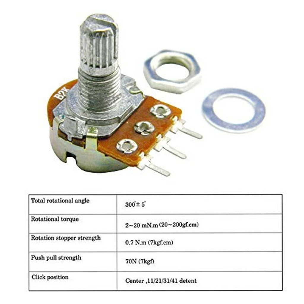 Rotary potentiometer with metal shaft, PCB pins, nut and washer; spec table shown below
