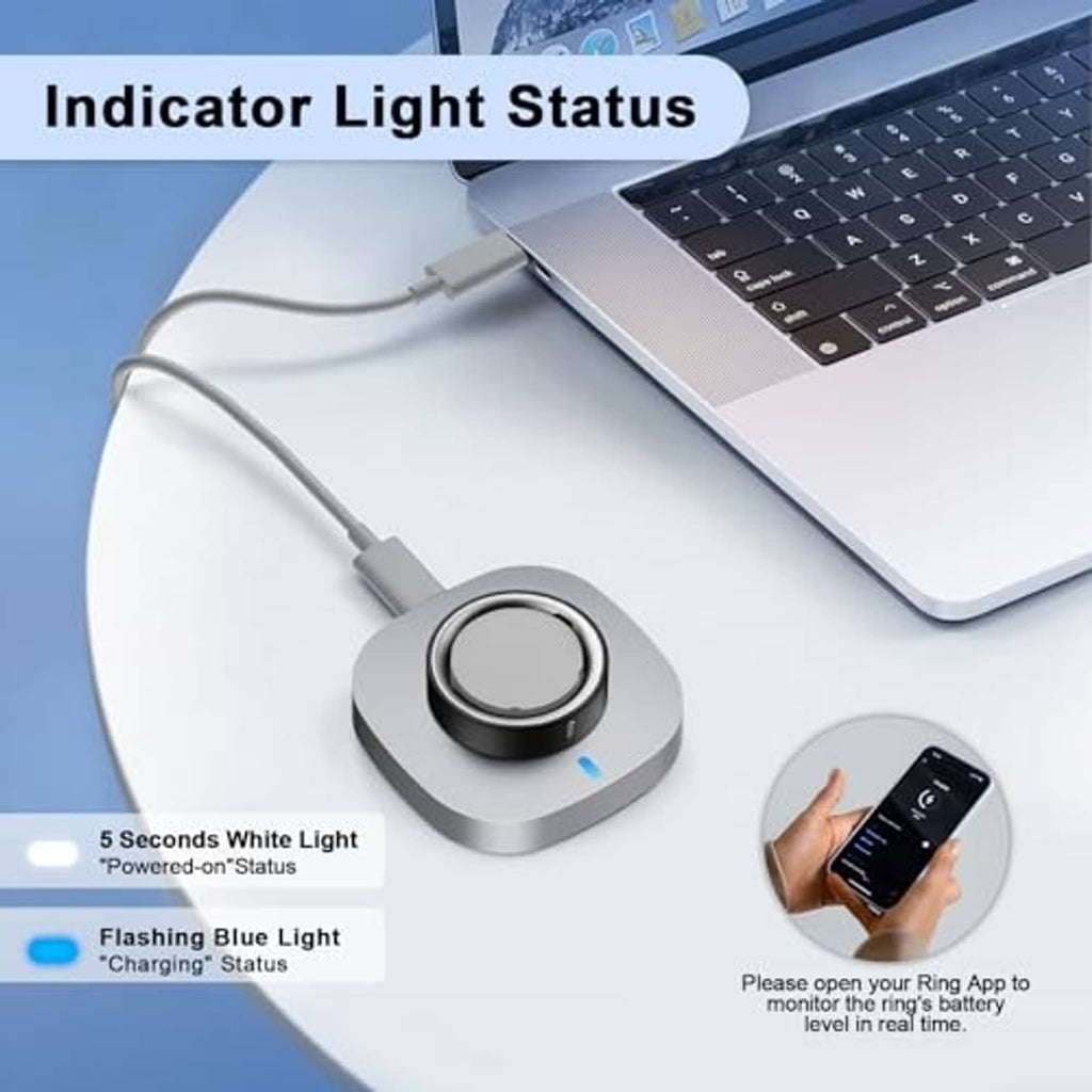 Gray charging dock with circular cradle and USB-C cable, blue status light