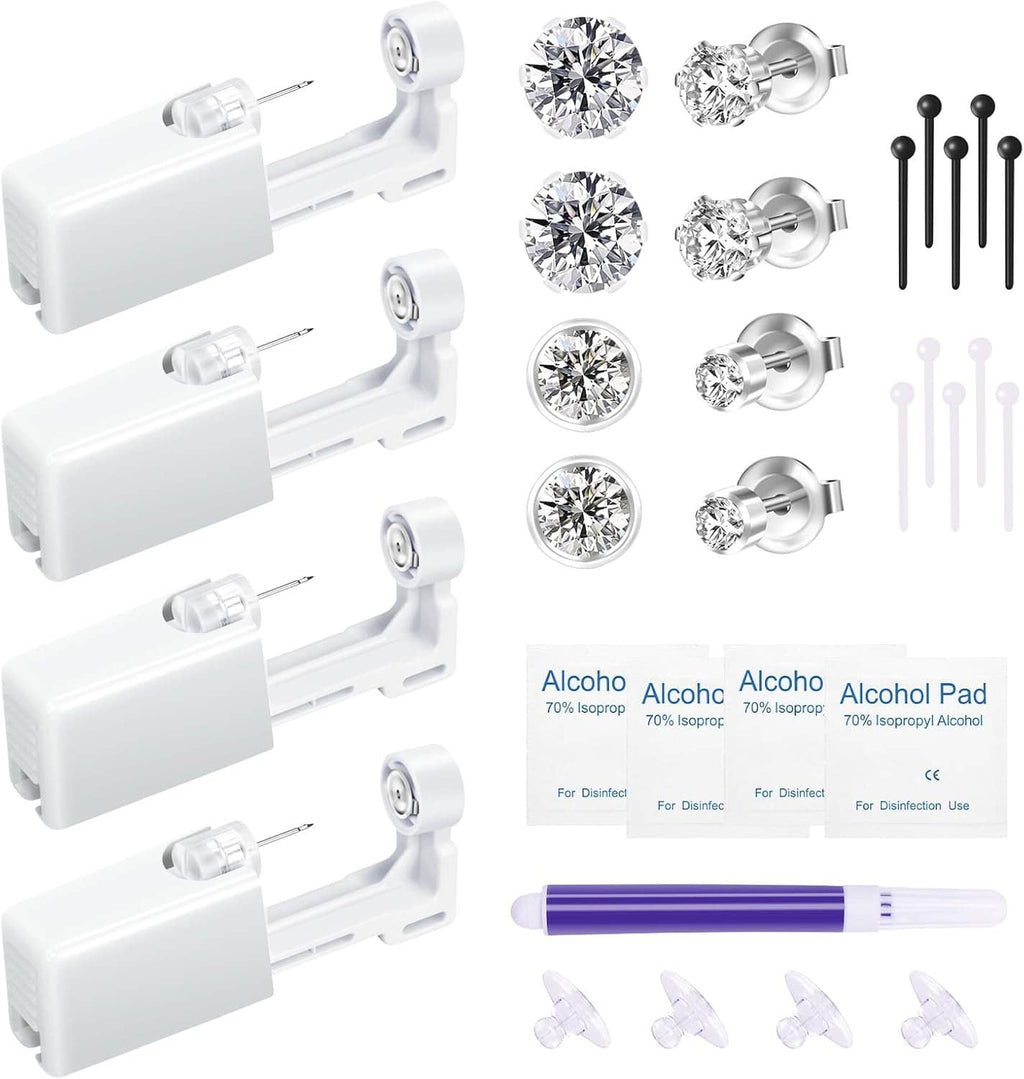 Ear piercing gun kit with multiple stud earrings, alcohol pad wipes, marker pen, and pins