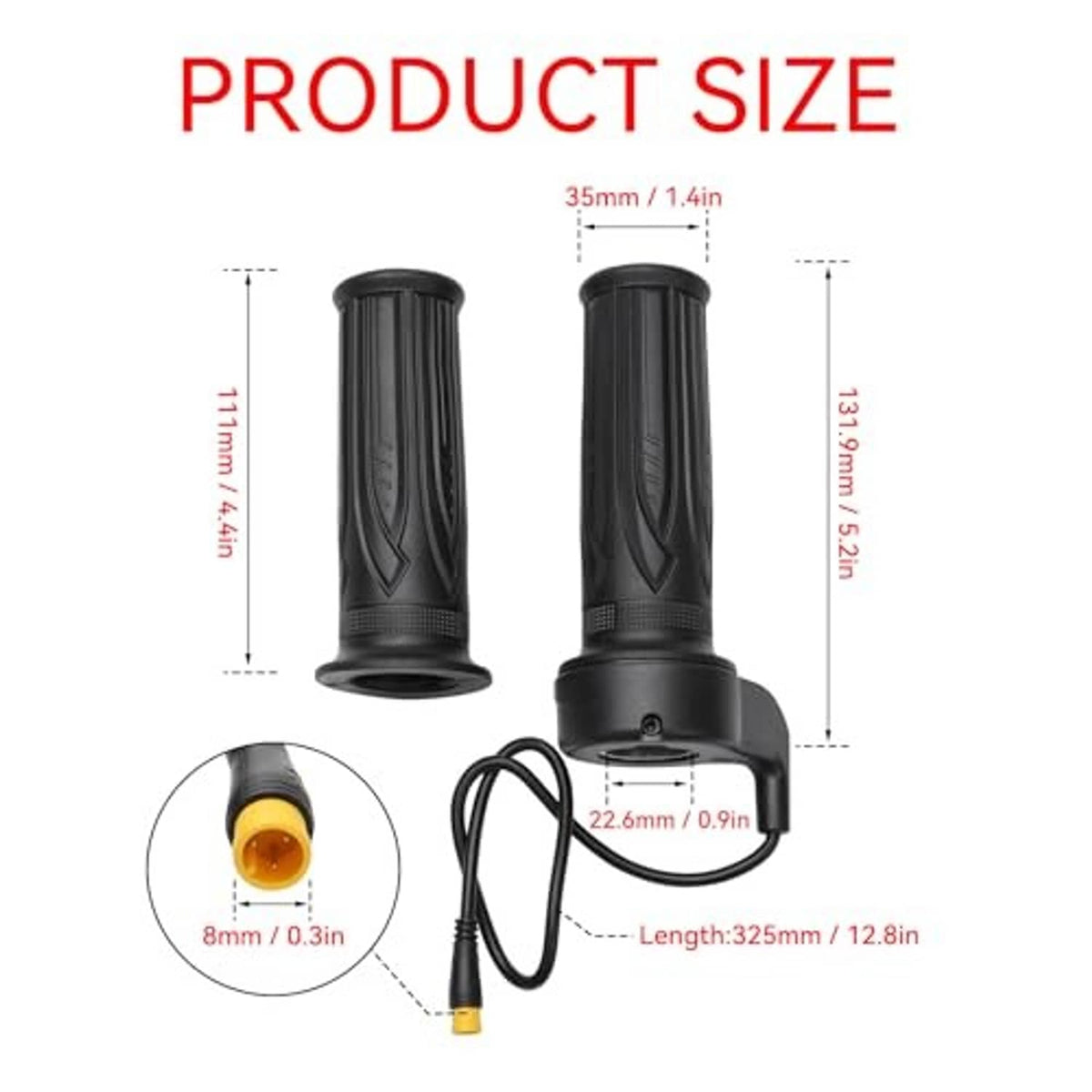 Black twist throttle grips and cable shown with product-size diagram