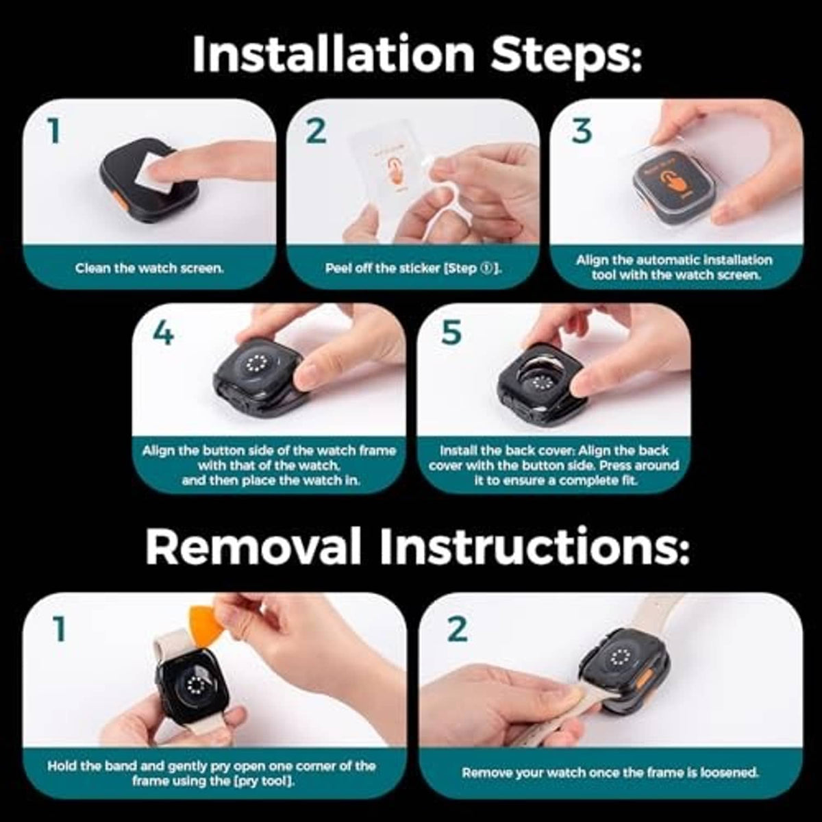 Silver metal watch case with clear screen protector, installation steps graphic