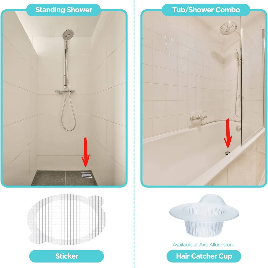 Shower drain hair catcher concept for standing shower and tub/shower combo installs