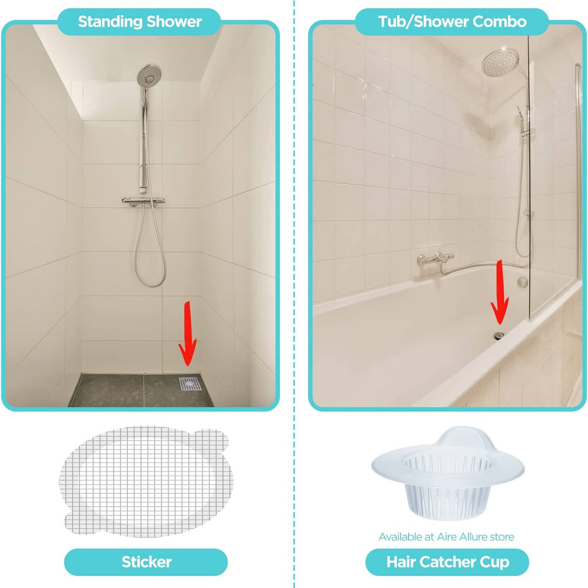 Shower drain hair catcher concept for standing shower and tub/shower combo installs