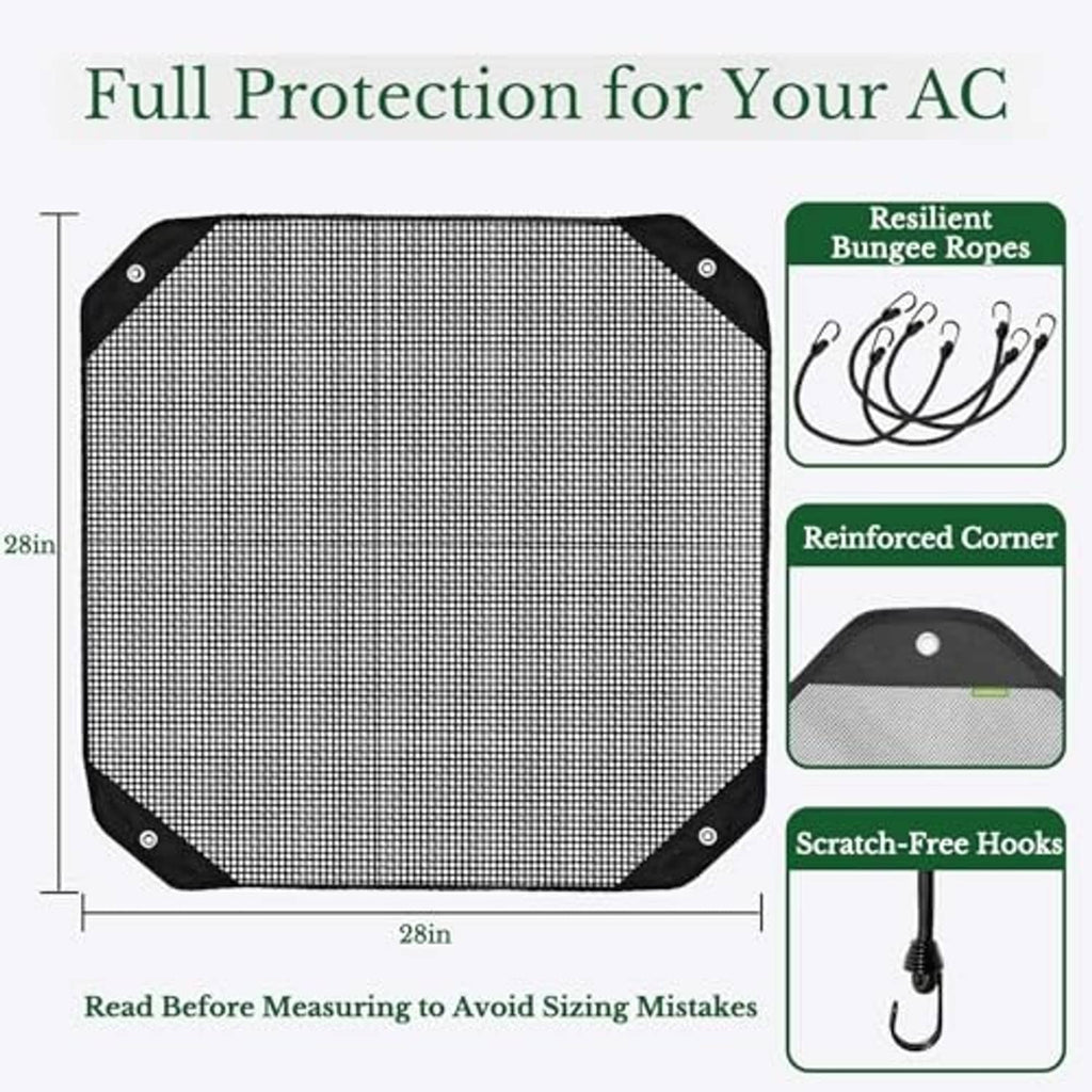 Square black mesh AC cover with reinforced corners and corner grommets