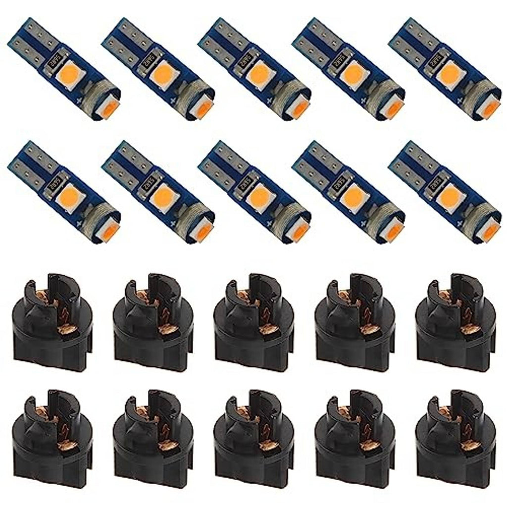 Multiple T5 LED bulbs showing blue boards with orange LED chips and black bases