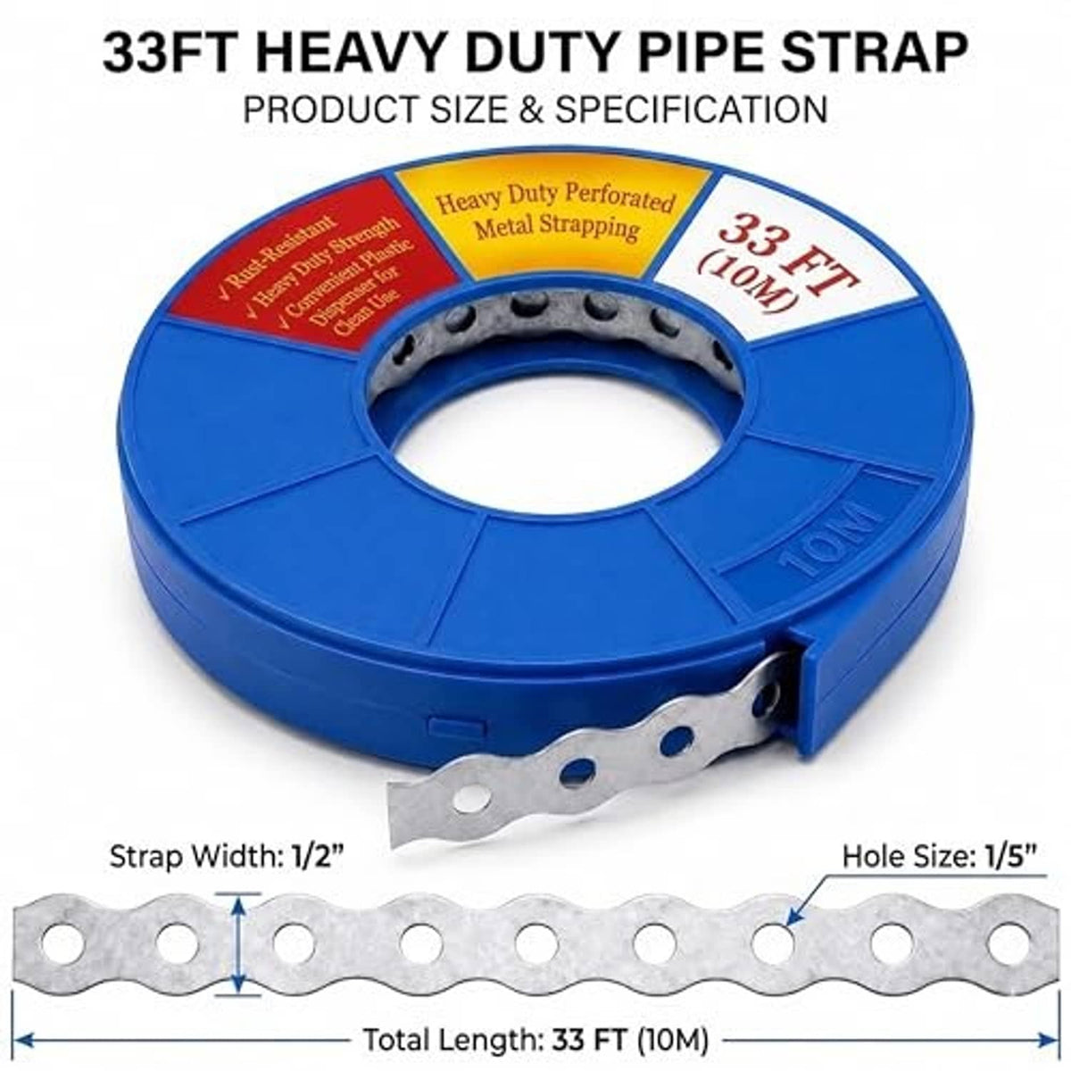 33 ft heavy duty perforated pipe strap on blue reel with size labels