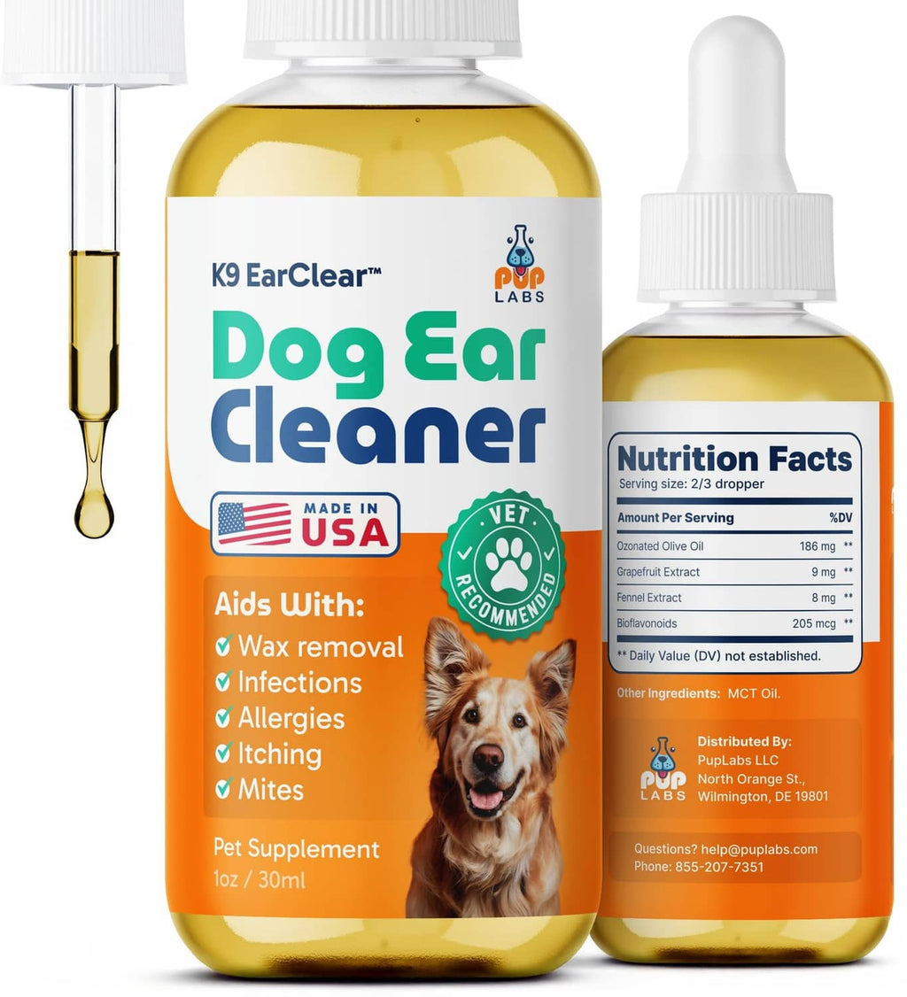 Pup Labs dog ear cleaner bottle with dropper, yellow liquid, 1 oz