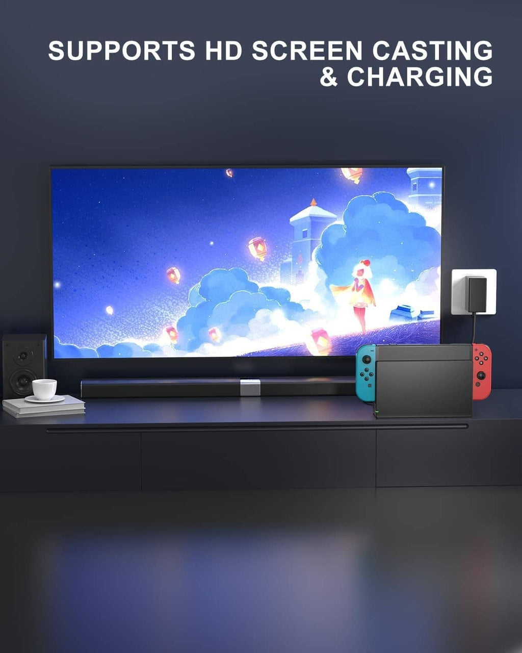 Black Switch TV dock station with plugged HDMI output adapter