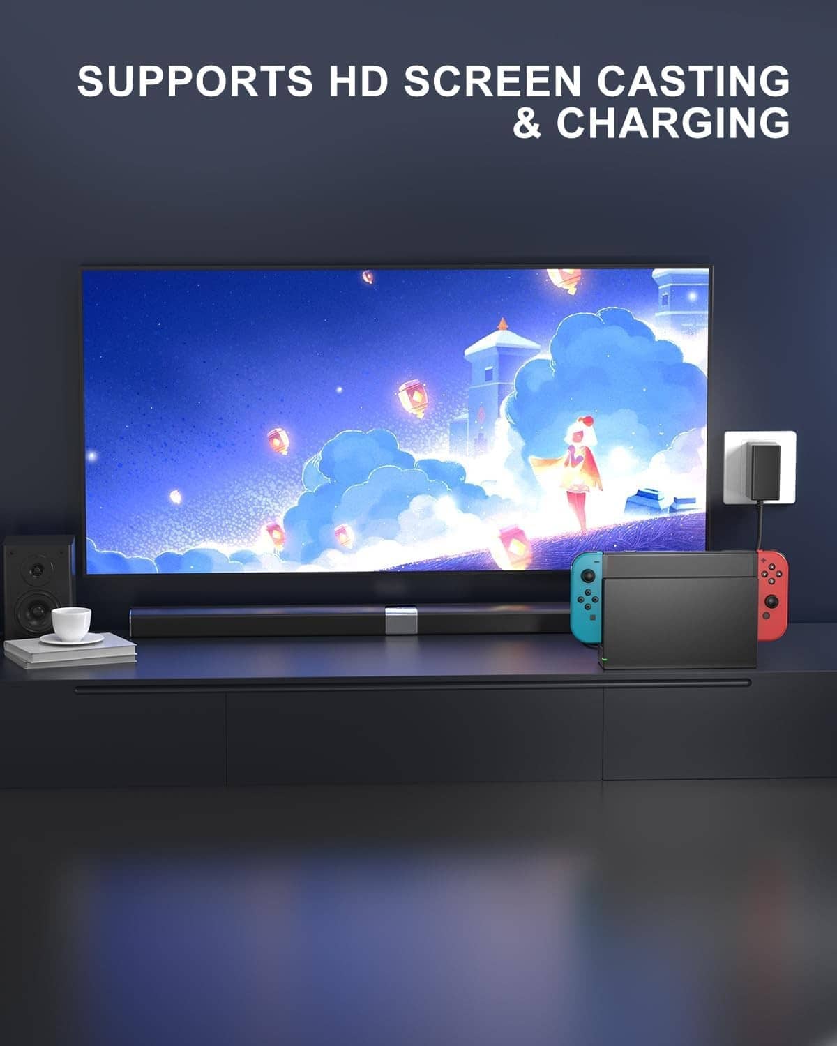 Black Switch TV dock station with plugged HDMI output adapter