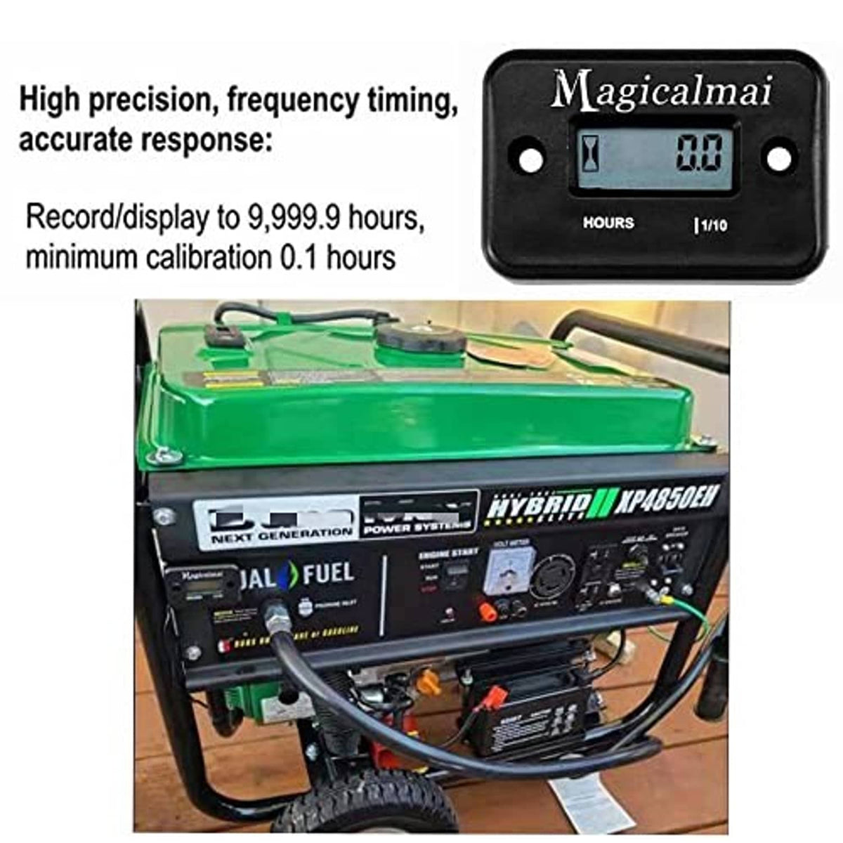 Hour meter with LCD display shown installed on a generator unit with black device body