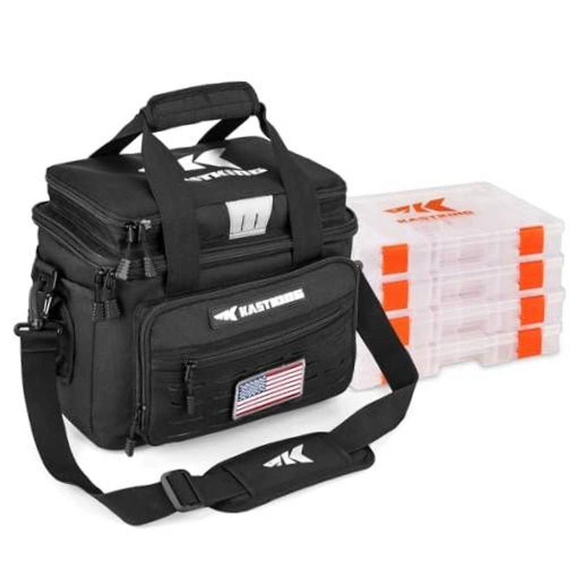 Black fishing tackle bag with dual handles, shoulder strap, front zip pockets and logo patch.