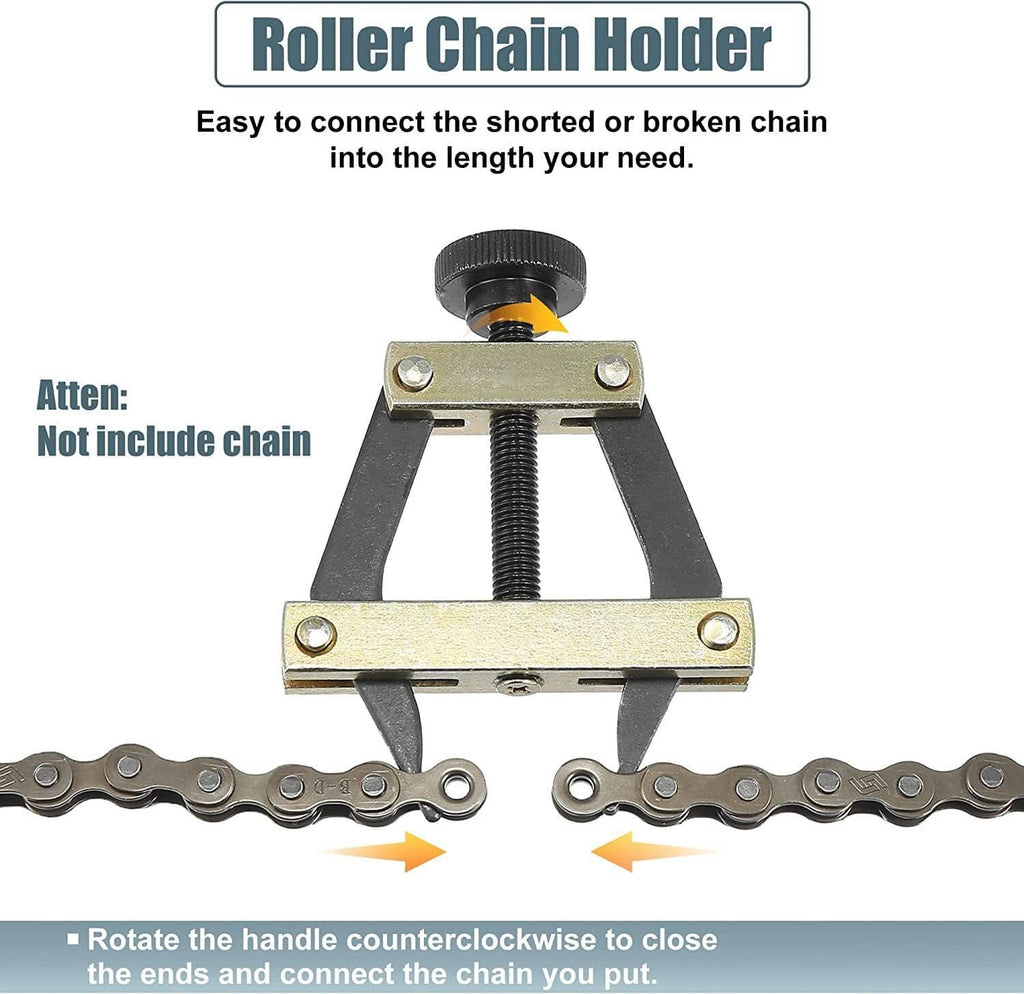 Roller chain holder and breaker tool with black base, gold jaws, and steel handle rods
