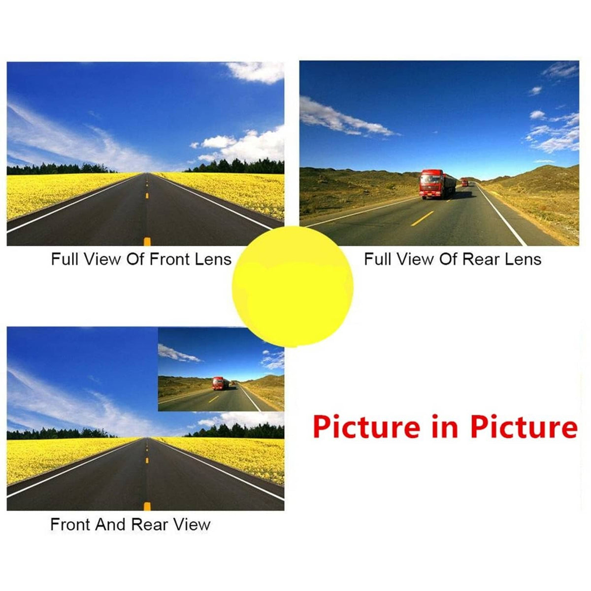 Rearview mirror dash cam with picture-in-picture, front and rear road views